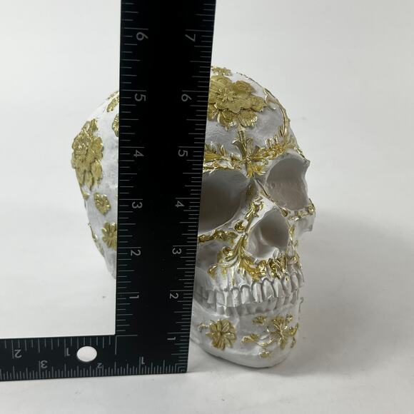White & Gold 6" Decorative Skull Floral Scrollwork Halloween Apothecary Holiday - Picture 8 of 10